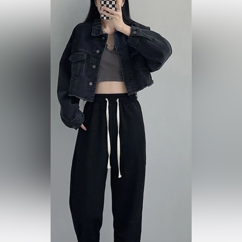 Black Cropped Denim Jacket with Hood